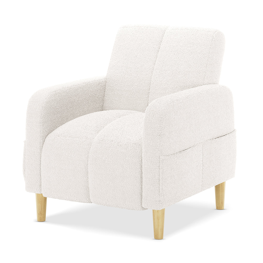 Anica 6 Seater Boucle Sofa Bed Set in Cream White, showcasing a modern off-white bouclé upholstered armchair with rounded arms, segmented seat/back, and natural-wood tapered legs.