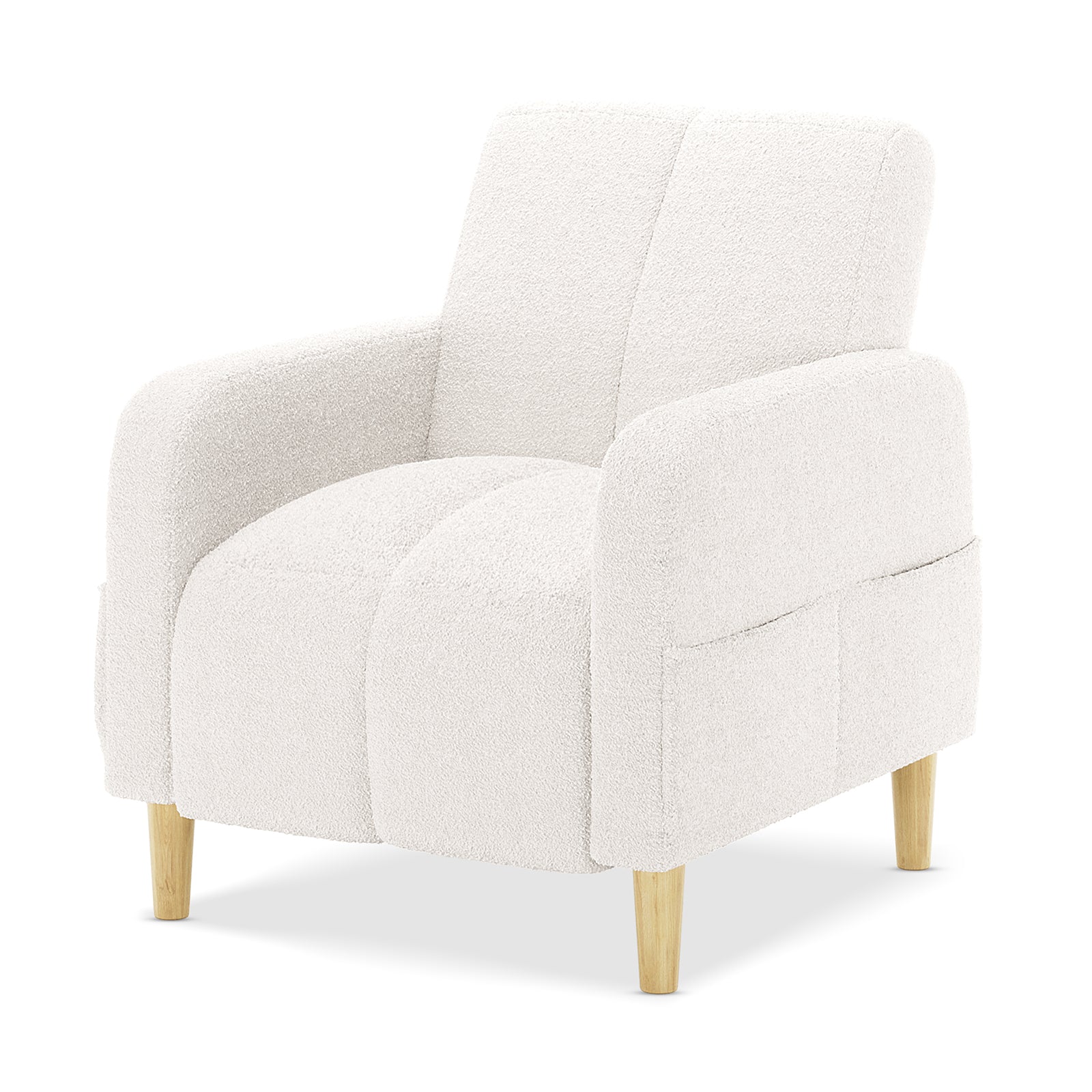 Anica 6 Seater Boucle Sofa Bed Set in Cream White, showcasing a modern off-white bouclé upholstered armchair with rounded arms, segmented seat/back, and natural-wood tapered legs.