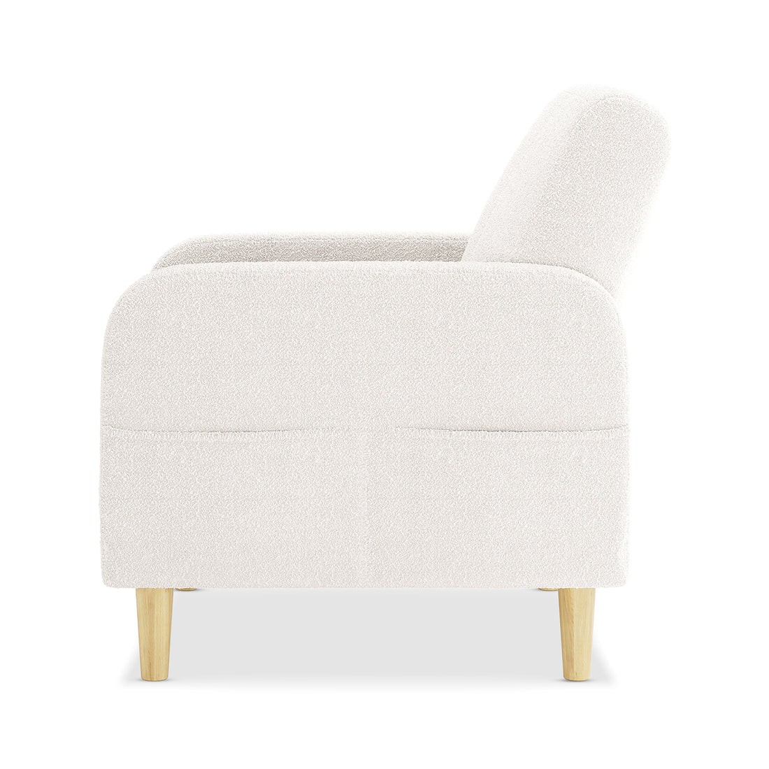 Side view of Anica 6 Seater Boucle Sofa Bed Set in Cream White, showcasing a modern armchair with a softly rounded, textured fabric shell and light-wood, tapered legs.