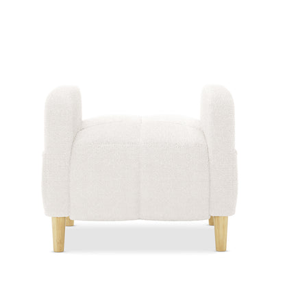 Anica 6 Seater Boucle Sofa Bed Set in Cream White featuring a low, boxy armchair with off-white boucle fabric, rounded armrests, and short, tapered wooden legs with a natural finish.