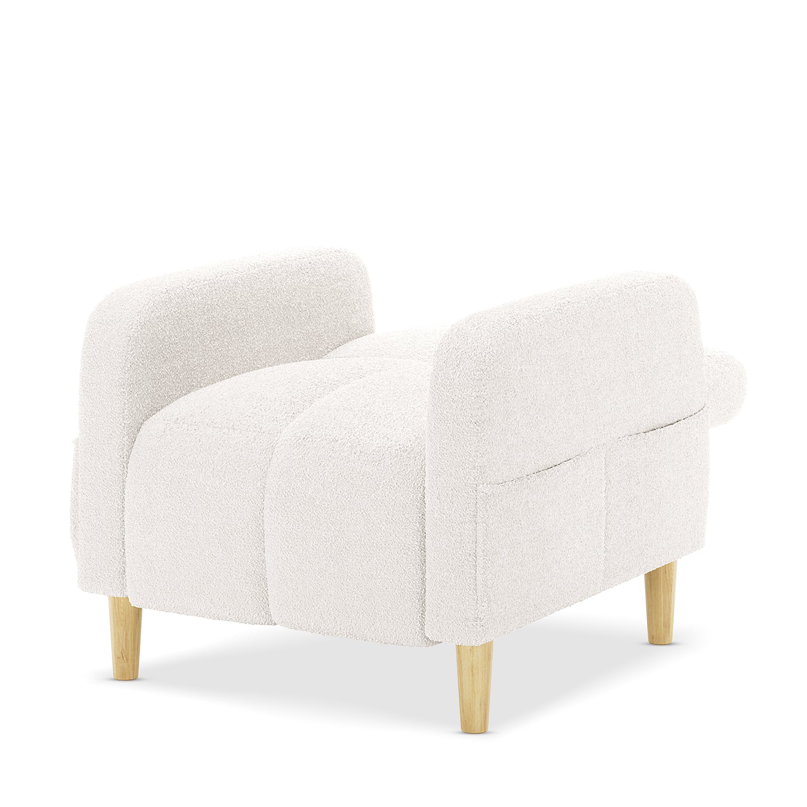 Anica 6 Seater Boucle Sofa Bed Set in Cream White features a modern armchair with white bouclé fabric, boxy profile, rounded armrests, cushiony seat, and tapered light-wood legs.