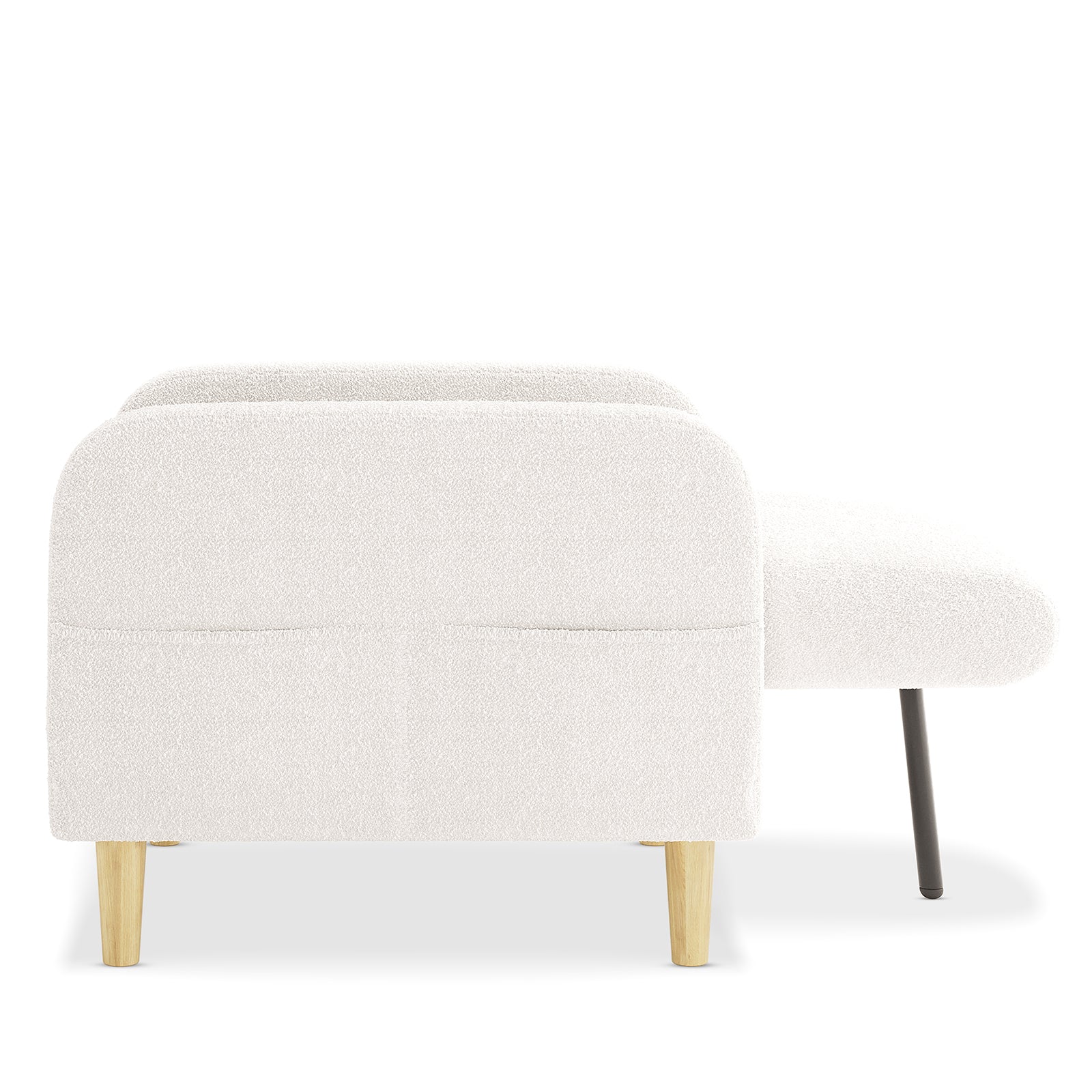 Anica 6 Seater Boucle Sofa Bed Set in Cream White with creamy-white boucle fabric, low rounded back, two light wood legs, and a dark metal leg on the chaise section.