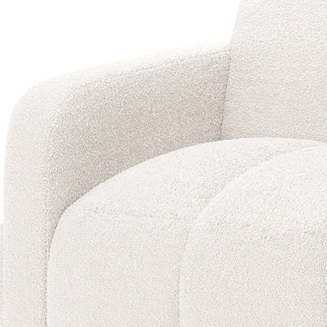 Close-up of Anica 6 Seater Boucle Sofa Bed Set in Cream White, highlighting the armrest and seat cushion upholstered in textured cream bouclé fabric, showcasing its modern design and cozy texture.