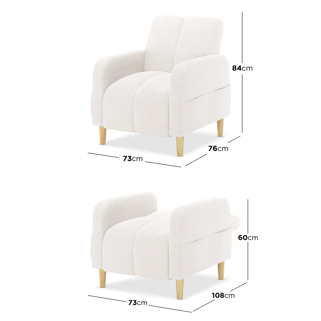 Anica 6 Seater Boucle Sofa Bed Set in Cream White features a versatile, boucle-upholstered armchair with light wood legs, depicted upright and reclined, showcasing its adaptable design and compact dimensions.