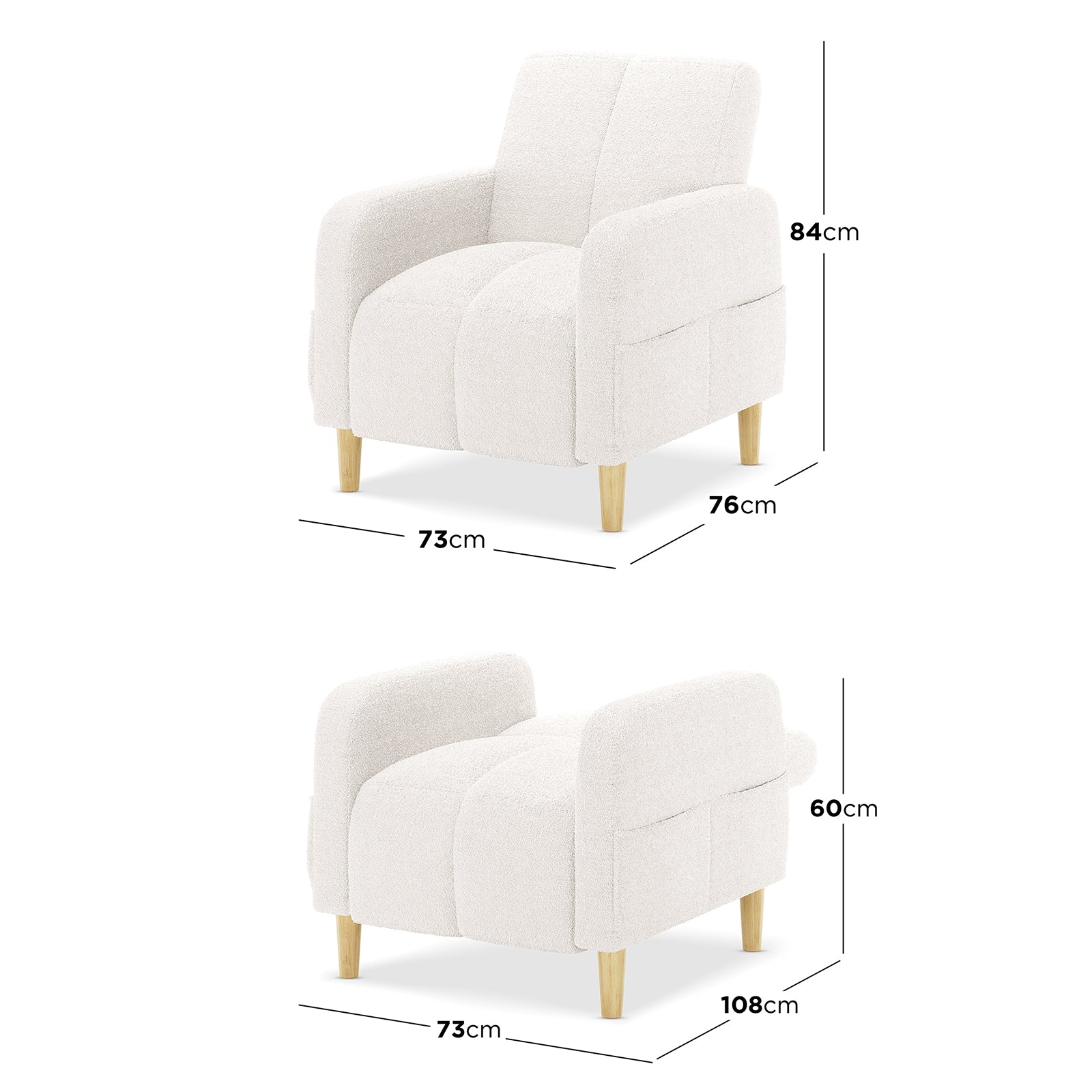 Anica 6 Seater Boucle Sofa Bed Set in Cream White features a versatile, boucle-upholstered armchair with light wood legs, depicted upright and reclined, showcasing its adaptable design and compact dimensions.