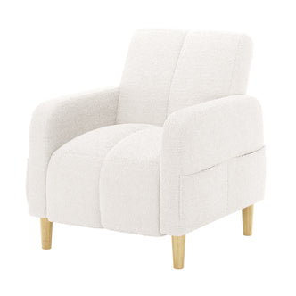 Anica Single Seater Bouclé Sofa Chair in Cream White, featuring a modern design with off-white bouclé fabric, gently curved backrest, integrated armrests, light-wood tapered legs, and a plush cushioned seat.
