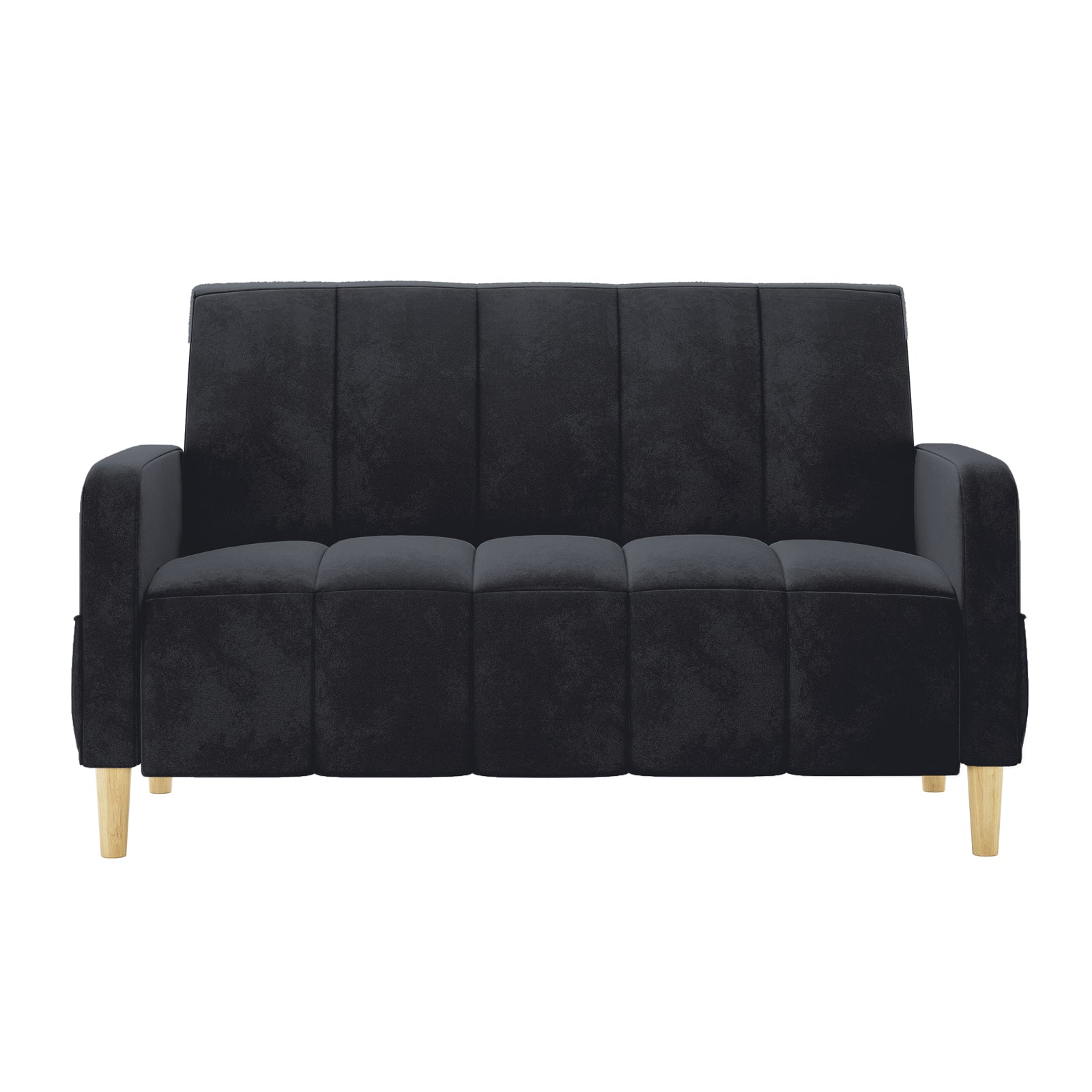 Anica 2 Seater Velvet Fabric Sofa Bed in Black, featuring a compact design with dark charcoal upholstery, channel-stitched cushions, low rounded arms, and four short tapered natural-wood legs.