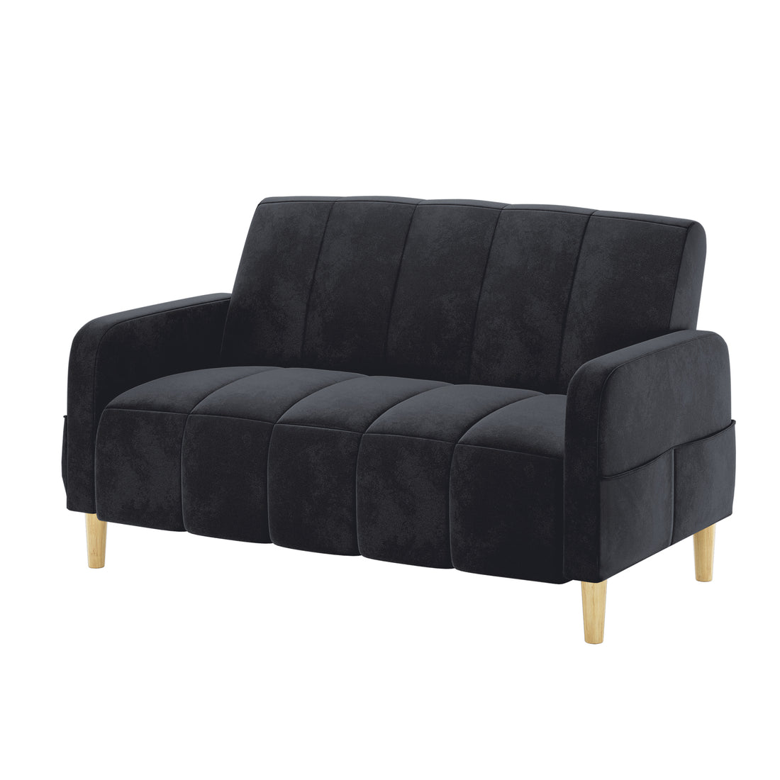 Anica 2 Seater Velvet Fabric Sofa Bed in Black, featuring a segmented padded back and seat, rests on four tapered wooden legs, offering a compact, stylish solution with a sleeper function for modern spaces.