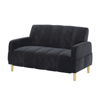 Anica 2 Seater Velvet Fabric Sofa Bed in Black, featuring a segmented padded back and seat, rests on four tapered wooden legs, offering a compact, stylish solution with a sleeper function for modern spaces.