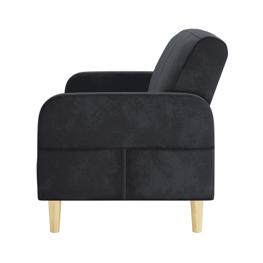 Side view of the Anica 2 Seater Velvet Fabric Sofa Bed in Black, showcasing its modern design with gently rounded arms, plush seat cushion, and short light-wooden legs.
