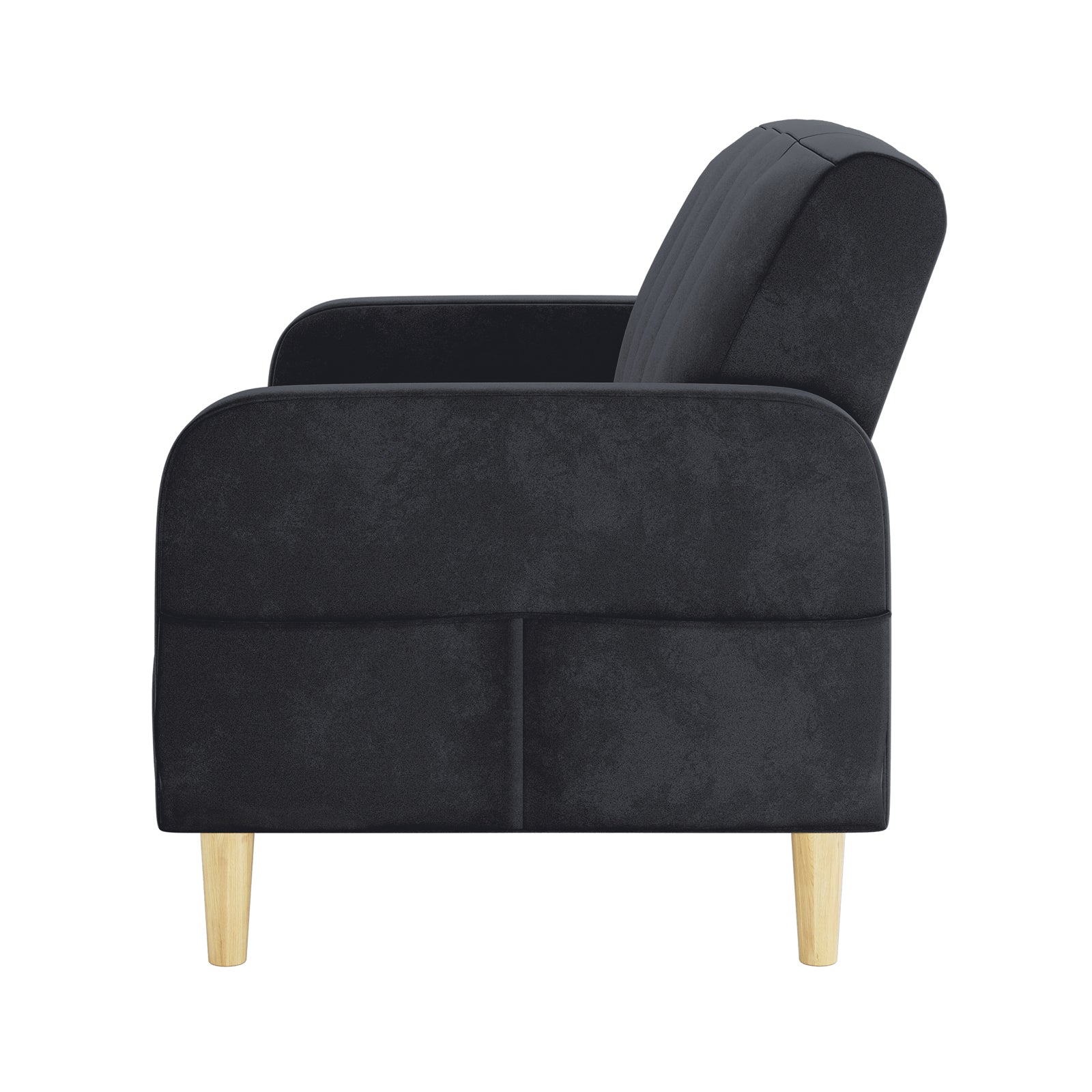 Side view of the Anica 2 Seater Velvet Fabric Sofa Bed in Black, showcasing its modern design with gently rounded arms, plush seat cushion, and short light-wooden legs.