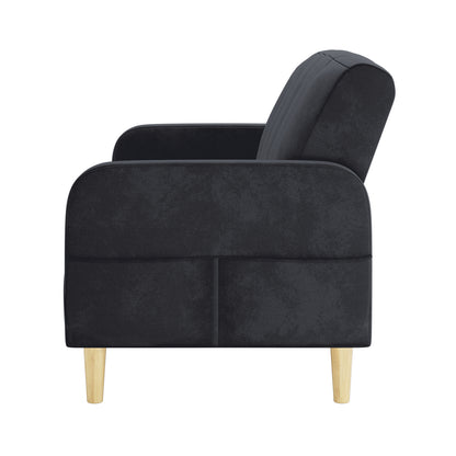 Side view of the Anica 2 Seater Velvet Fabric Sofa Bed in Black, showcasing its modern design with gently rounded arms, plush seat cushion, and short light-wooden legs.