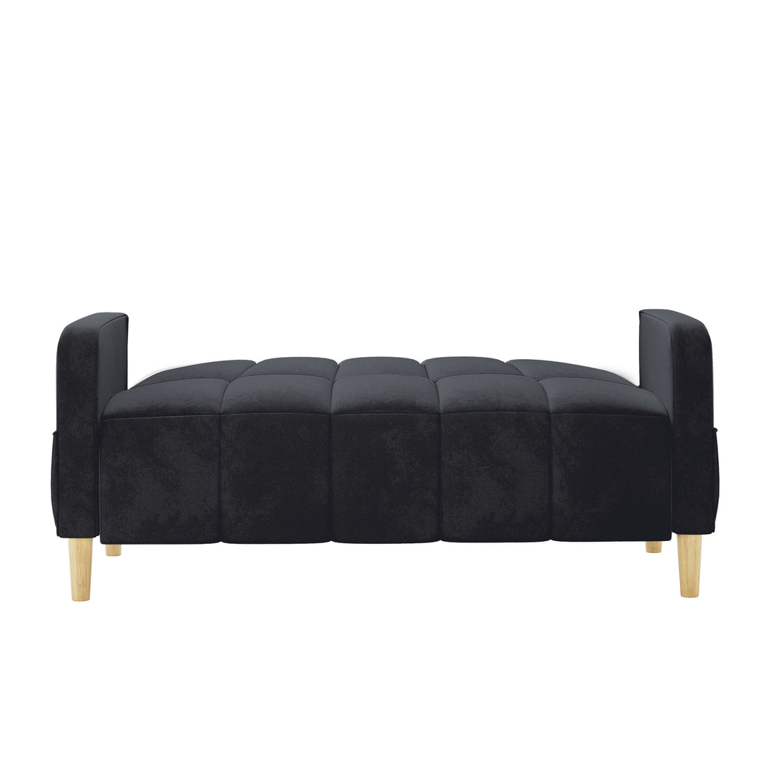 Anica 2 Seater Velvet Fabric Sofa Bed in Black, featuring a tufted design, low-profile, fold-up armrests, light wood legs, and a compact, versatile structure suitable for small spaces.
