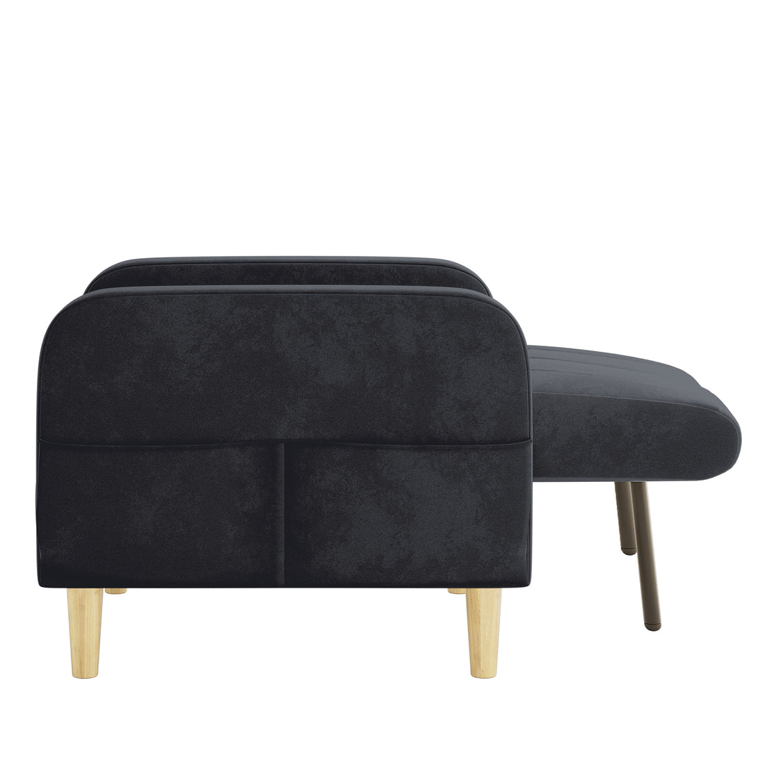 Anica 2 Seater Velvet Fabric Sofa Bed in Black, featuring dark charcoal-grey upholstery with light wood legs, includes a matching ottoman. Compact design ideal for modern Australian homes, offering versatile functionality.