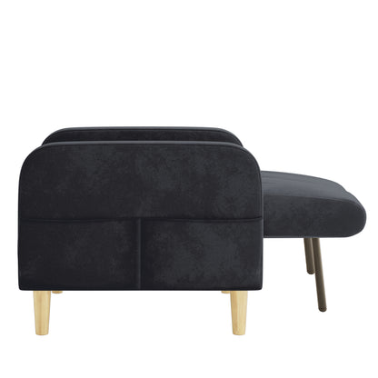 Anica 2 Seater Velvet Fabric Sofa Bed in Black, featuring dark charcoal-grey upholstery with light wood legs, includes a matching ottoman. Compact design ideal for modern Australian homes, offering versatile functionality.