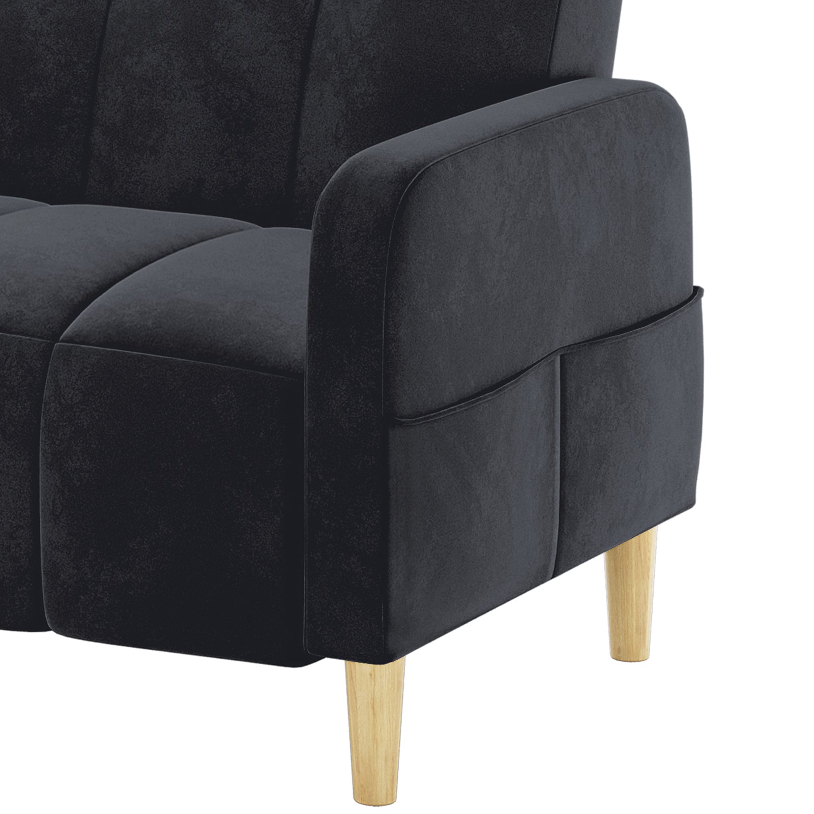 Anica 2 Seater Velvet Fabric Sofa Bed in Black, featuring dark velvet upholstery, gently curved armrest, tufted seat cushions, and short, tapered natural-wood legs, showcasing modern, compact design.