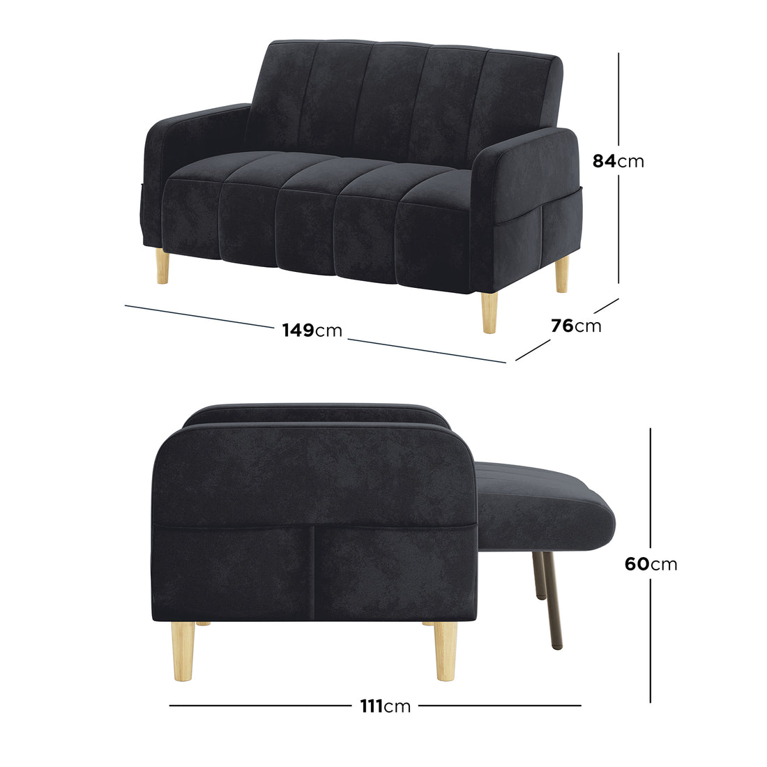 Anica 2 Seater Velvet Fabric Sofa Bed in Black, featuring charcoal upholstery, light-wood legs, compact design. Folds flat into a bed, showcasing sleek versatility and modern elegance for small spaces.