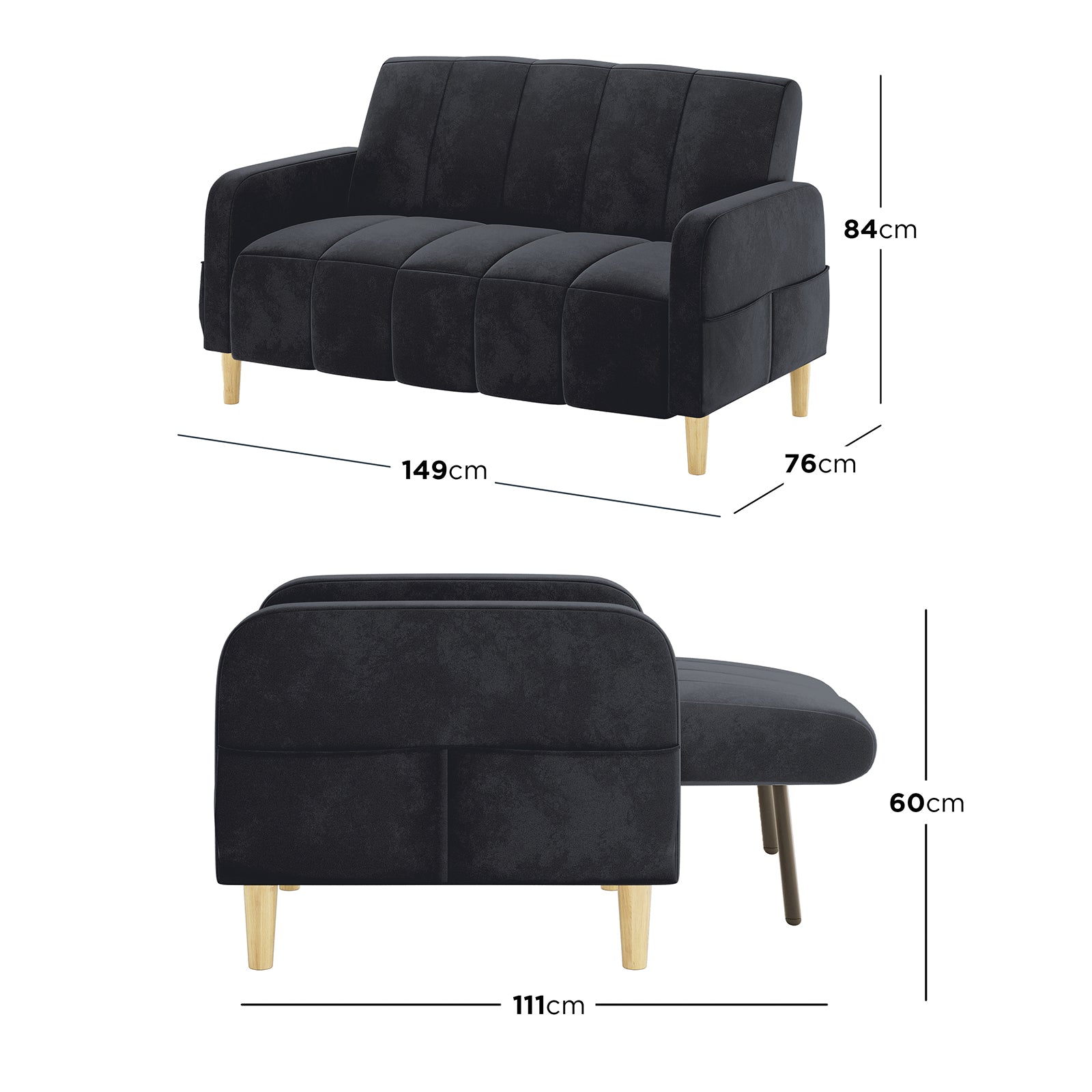 Anica 2 Seater Velvet Fabric Sofa Bed in Black, featuring charcoal upholstery, light-wood legs, compact design. Folds flat into a bed, showcasing sleek versatility and modern elegance for small spaces.