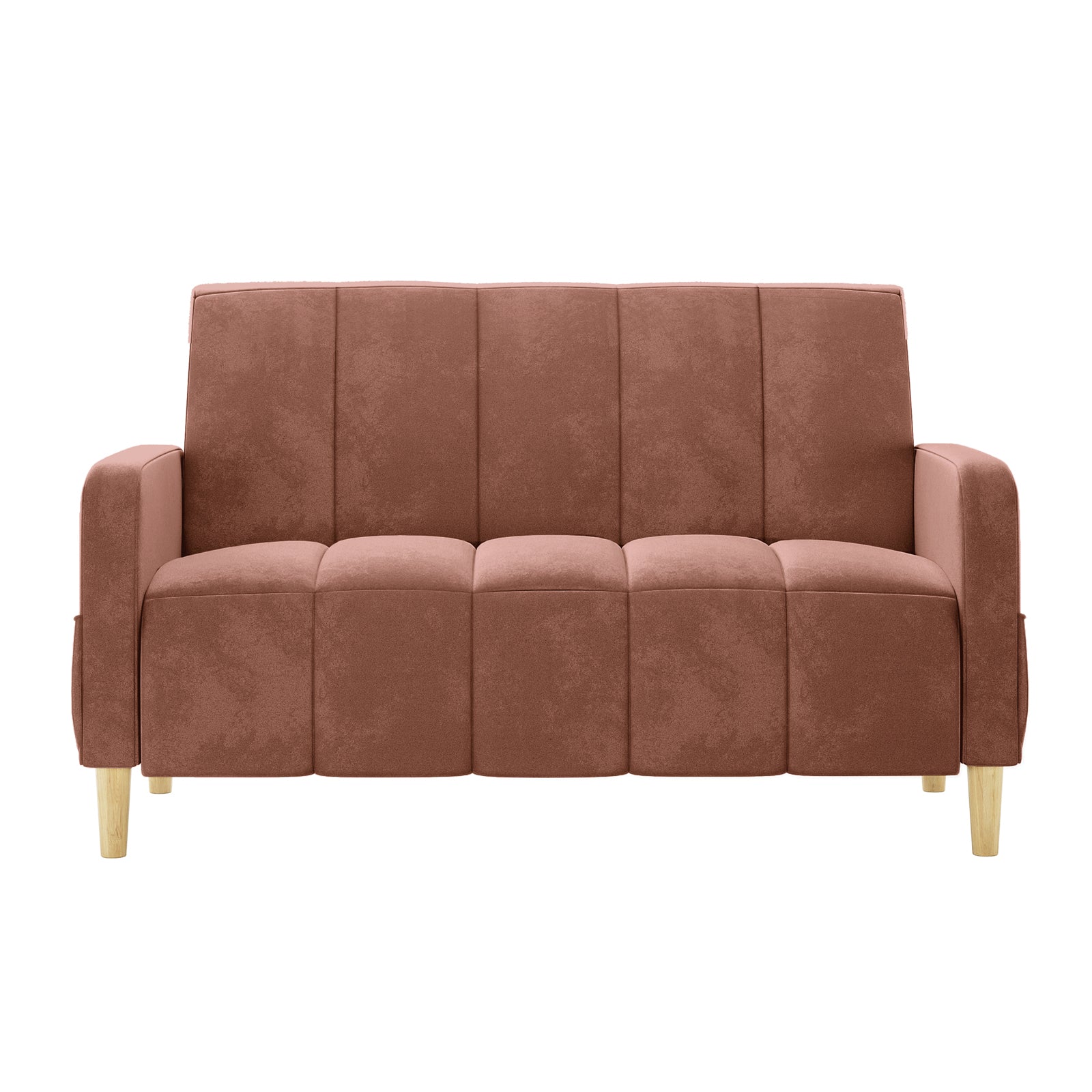 Anica 2 Seater Velvet Fabric Sofa Bed in Blush, featuring dusty rose suede-like upholstery, square-paneled cushions, straight arms, and exposed light wood legs, offering style and functionality.