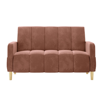 Anica 2 Seater Velvet Fabric Sofa Bed in Blush, featuring dusty rose suede-like upholstery, square-paneled cushions, straight arms, and exposed light wood legs, offering style and functionality.