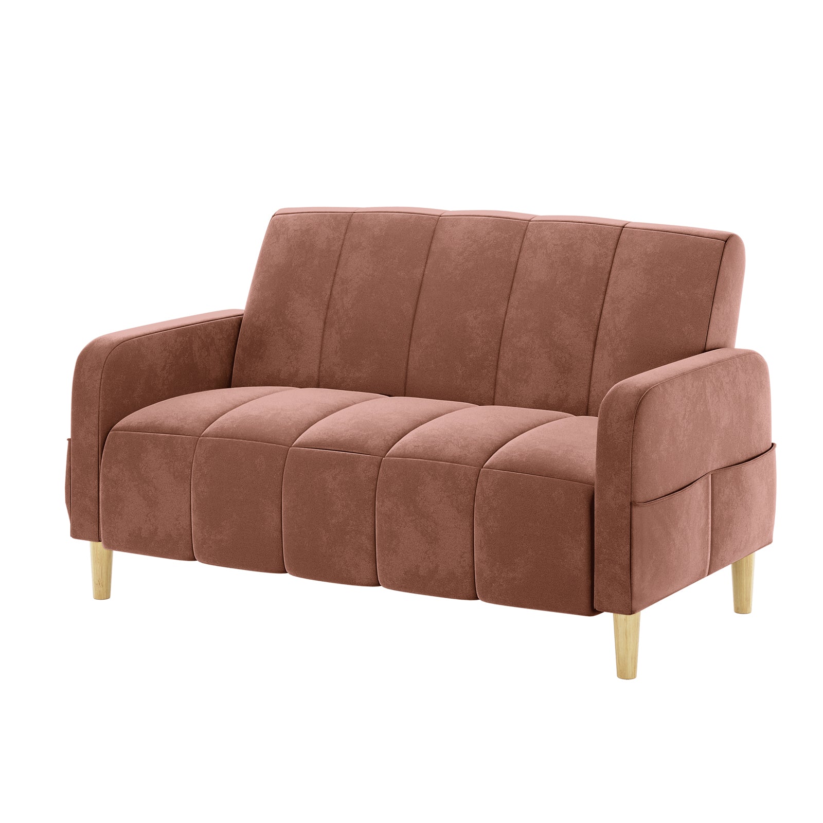 Anica 2 Seater Velvet Fabric Sofa Bed in Blush, showcasing a contemporary design with softly tufted, dusty-rose upholstery, gently rounded armrests, light wooden legs, and a sleek, versatile silhouette.