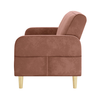 Anica 2 Seater Velvet Fabric Sofa Bed in Blush, showcasing side view with rounded arms, reclined padded backrest, and tapered wooden legs. Upholstered in soft velvet, offering stylish comfort and functionality.