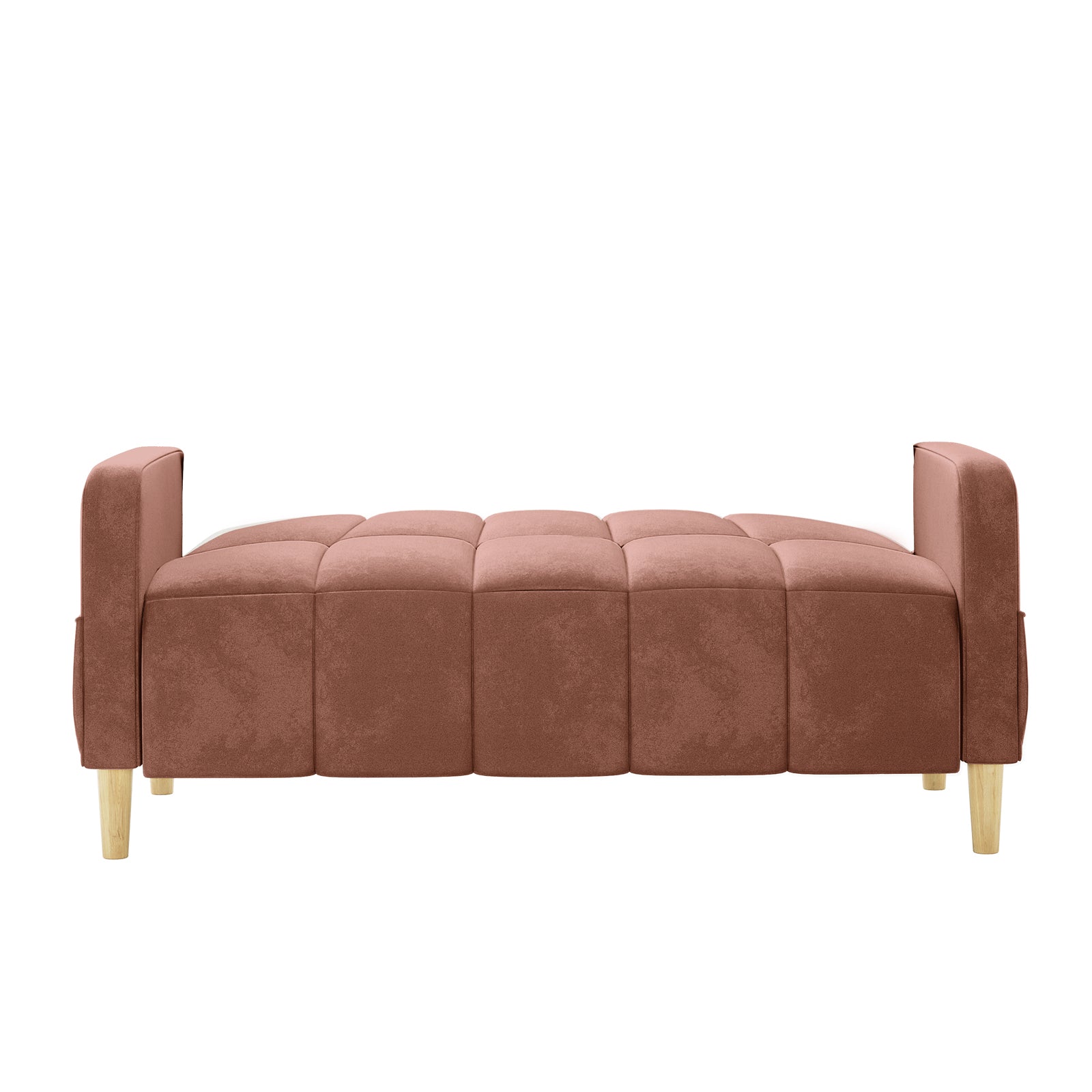 Anica 2 Seater Velvet Fabric Sofa Bed in Blush, showcasing a low, tufted design with removable arm-rests, upholstered in padded squares, and supported by short light-wood legs.