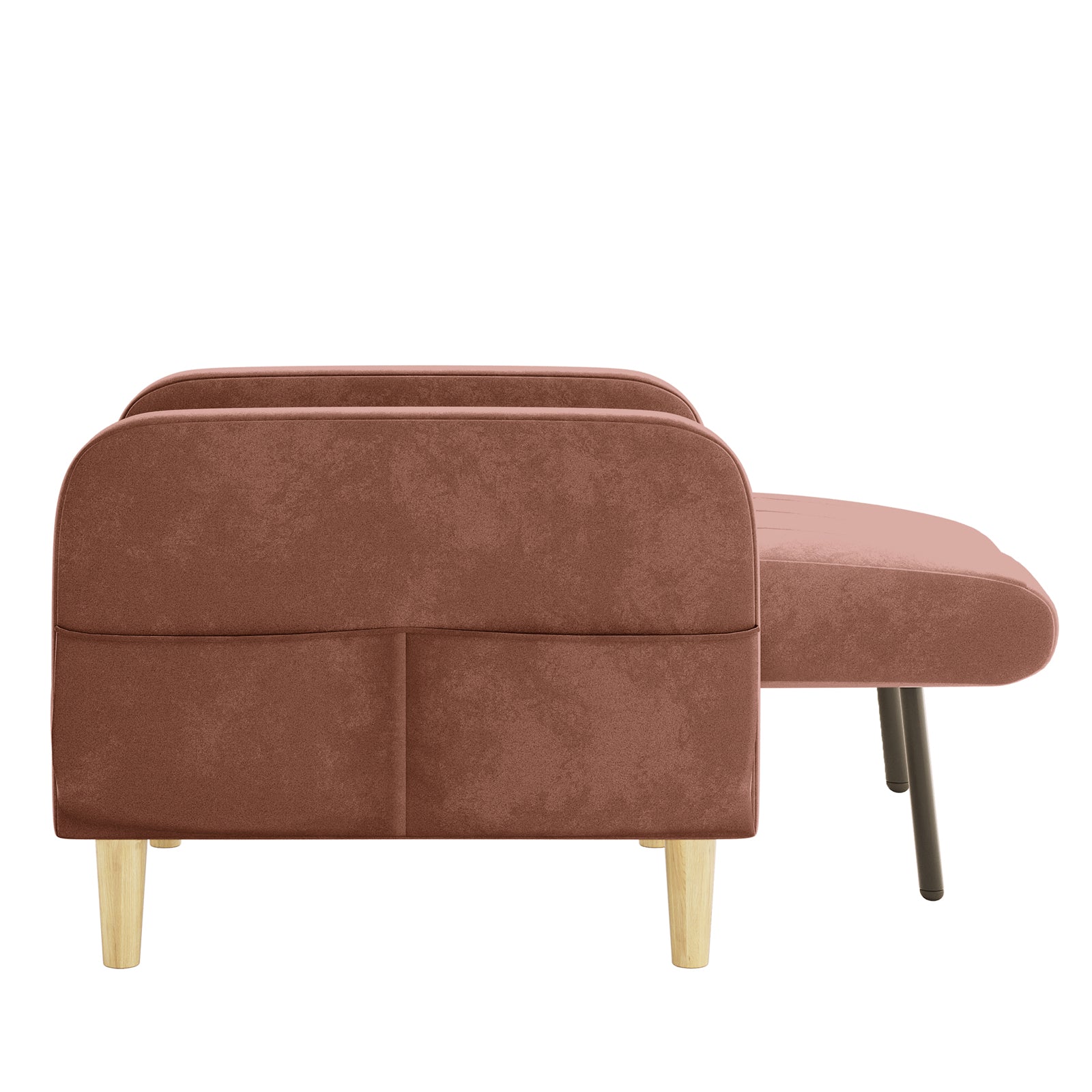 Anica 2 Seater Velvet Fabric Sofa Bed in Blush with a right-side chaise-longue extension, upholstered in dusty rose fabric, resting on short wooden and metal legs.