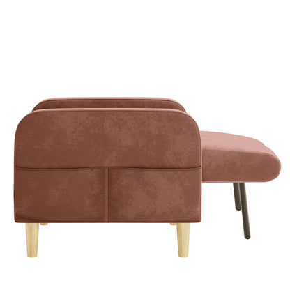 Anica 2 Seater Velvet Fabric Sofa Bed in Blush with a right-side chaise-longue extension, upholstered in dusty rose fabric, resting on short wooden and metal legs.