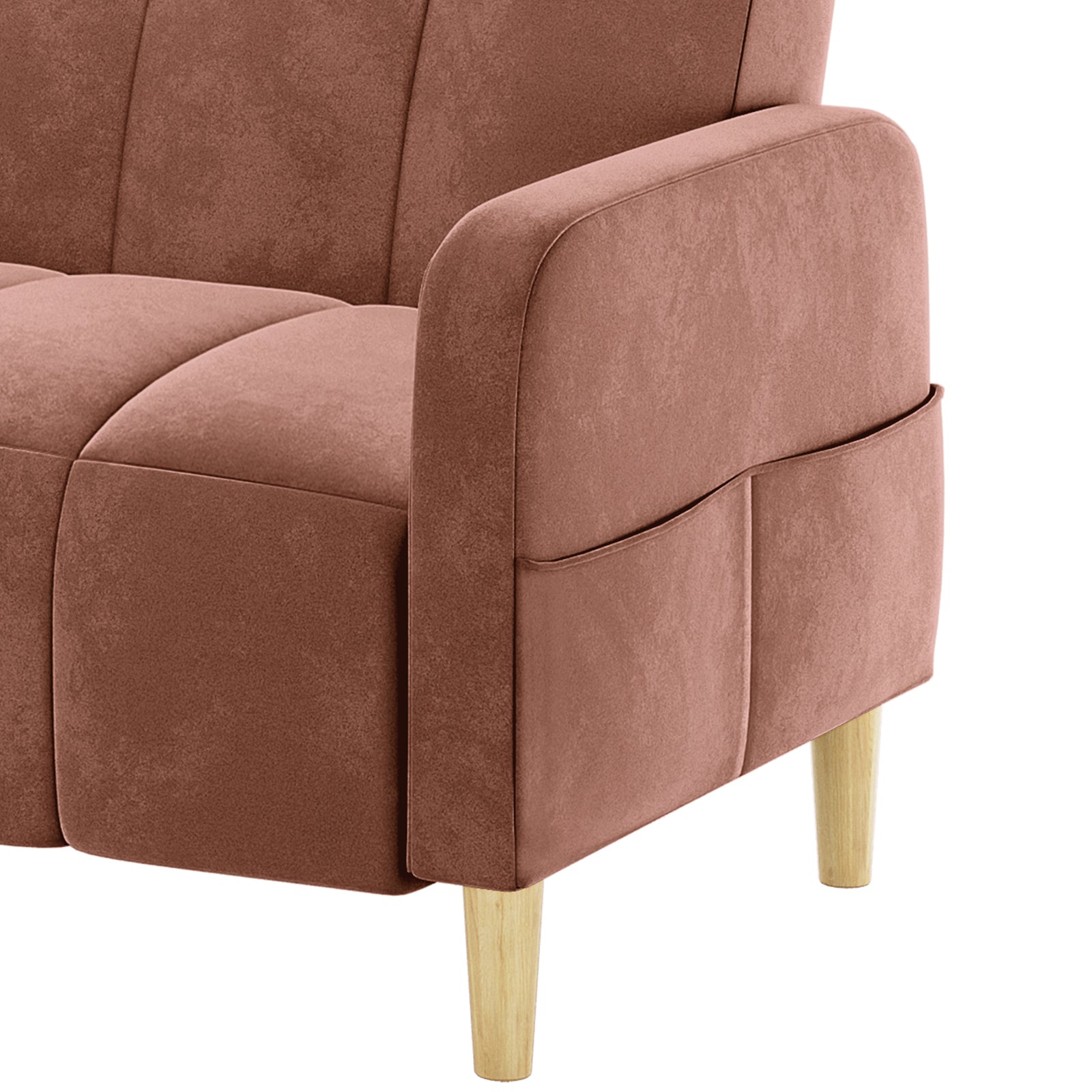 Anica 2 Seater Velvet Fabric Sofa Bed in Blush, showcasing a dusty rose velvet finish, padded armrest with side storage pocket, tufted seat panels, and a stylish tapered light wood leg.