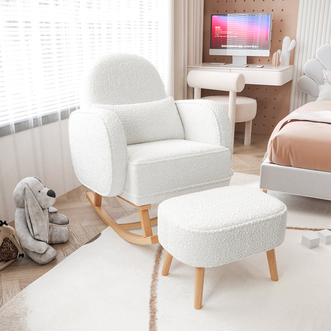 Aura Bouclé Rocking Chair with Ottoman in Cream White, featuring a textured bouclé upholstery with wooden rockers, complemented by a matching footstool on a light wood parquet floor.