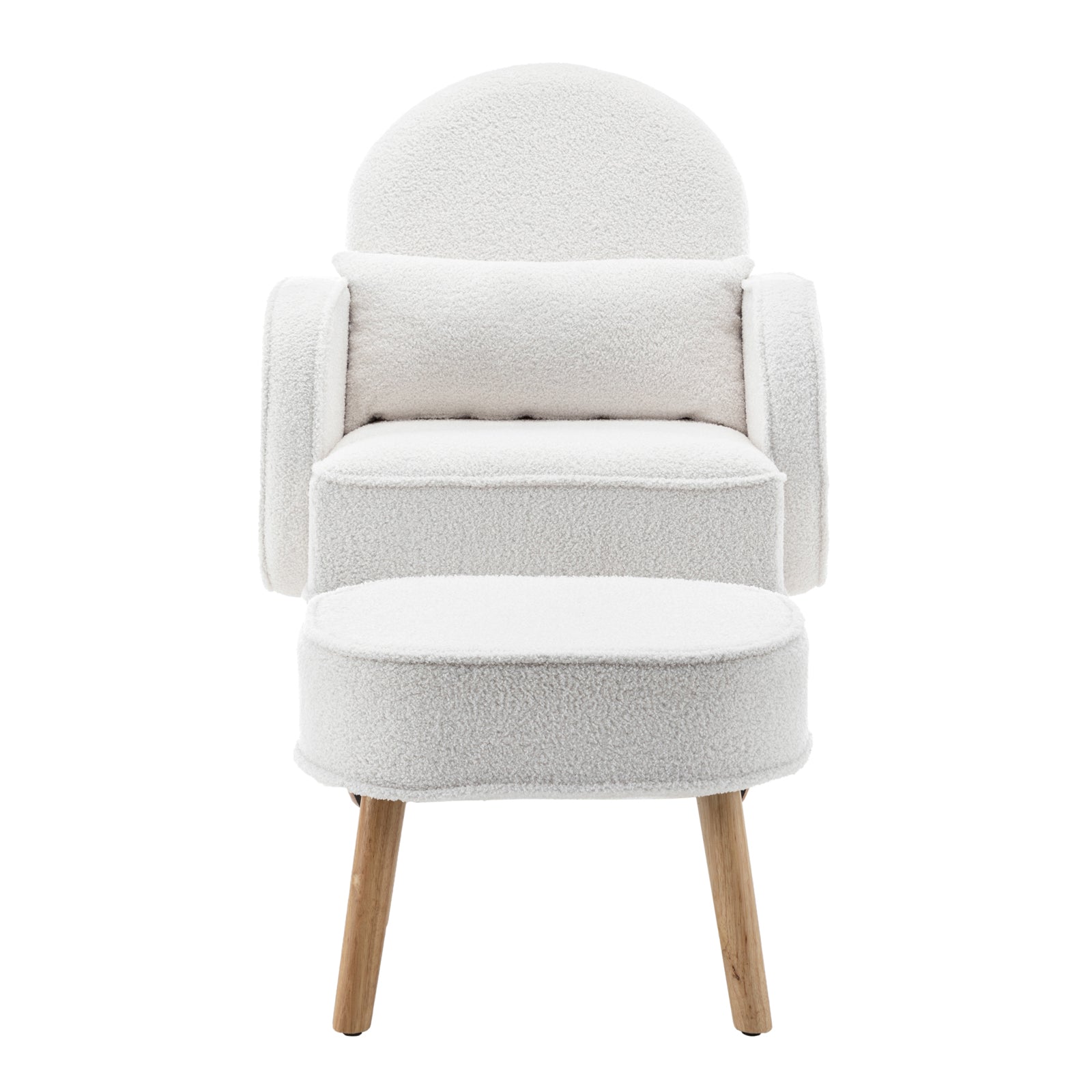 Aura Bouclé Rocking Chair with Ottoman in Cream White features a modern design with rounded backrest, squared armrests, and wooden legs. Upholstered in soft bouclé fabric, it includes a matching footstool.