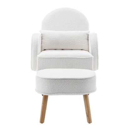 Aura Bouclé Rocking Chair with Ottoman in Cream White features a modern design with rounded backrest, squared armrests, and wooden legs. Upholstered in soft bouclé fabric, it includes a matching footstool.