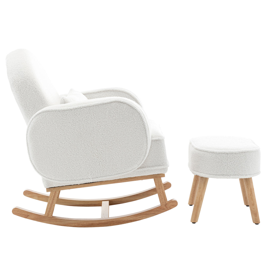 Aura Bouclé Rocking Chair with Ottoman in Cream White, featuring a modern design with white boucle fabric, natural-finish wooden rockers, padded armrests, cushioned back, and matching ottoman with wooden legs.