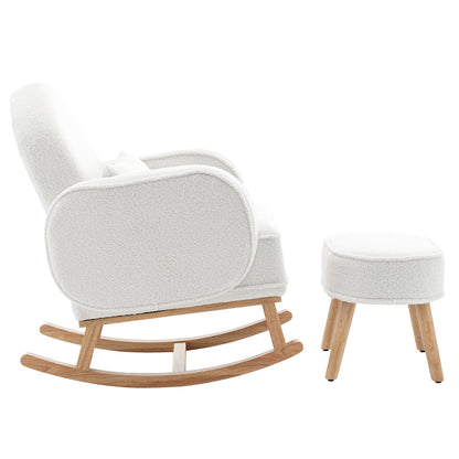 Aura Bouclé Rocking Chair with Ottoman in Cream White, featuring a modern design with white boucle fabric, natural-finish wooden rockers, padded armrests, cushioned back, and matching ottoman with wooden legs.
