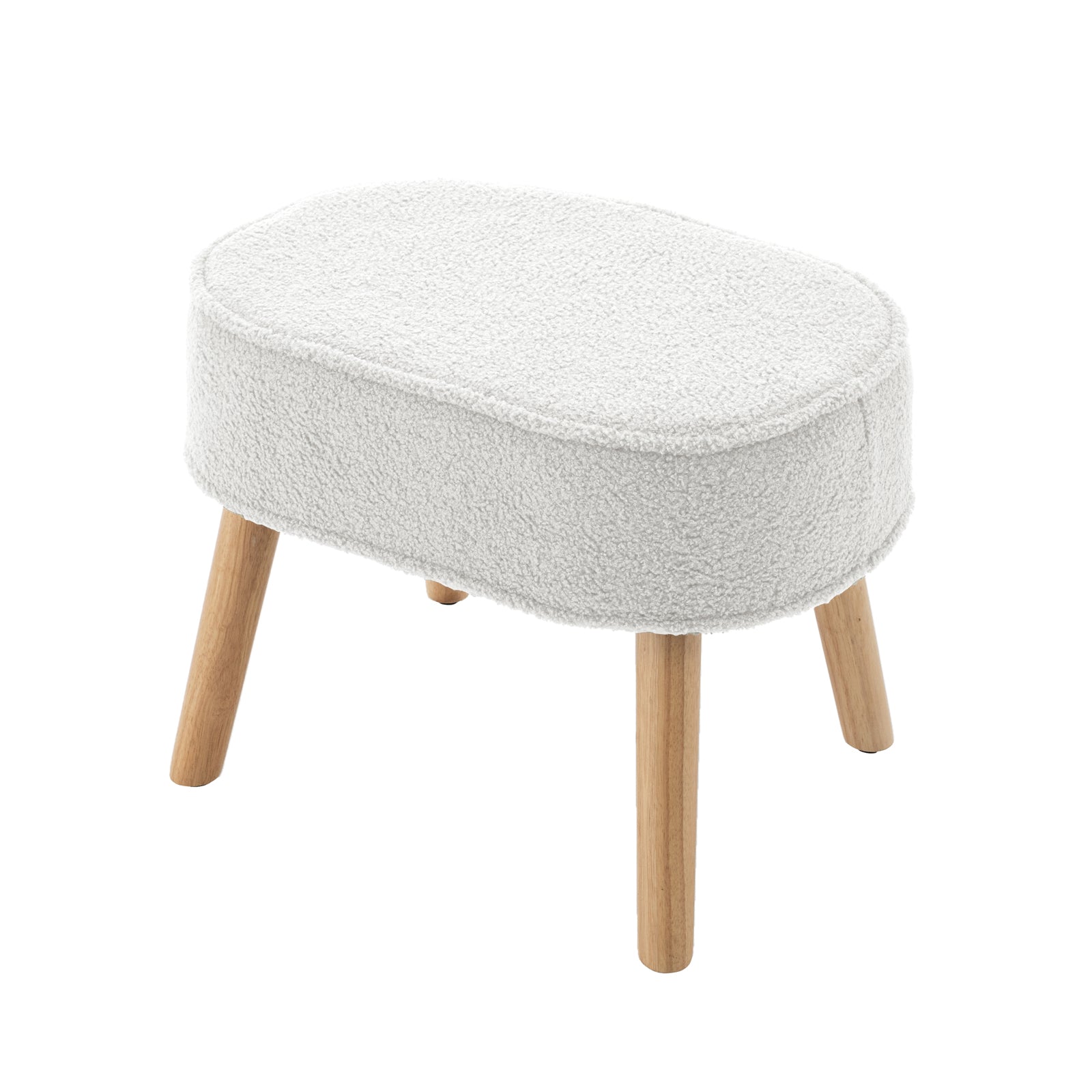 Aura Bouclé Rocking Chair with Ottoman in Cream White, featuring a modern footstool with an oval, white bouclé cushion atop four splayed natural-wood legs, offering stylish comfort and functionality.