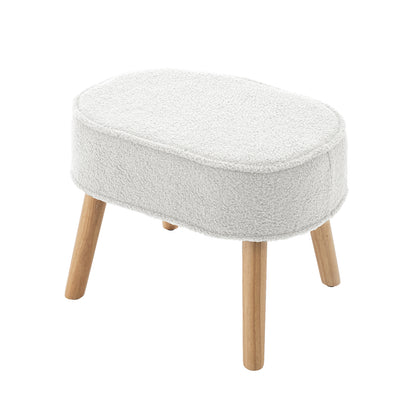 Aura Bouclé Rocking Chair with Ottoman in Cream White, featuring a modern footstool with an oval, white bouclé cushion atop four splayed natural-wood legs, offering stylish comfort and functionality.