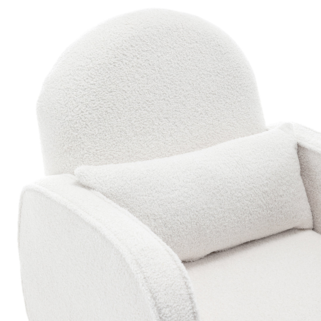 Aura Bouclé Rocking Chair with Ottoman in Cream White features a soft bouclé fabric, rounded backrest, sloping armrests, and lumbar pillow, highlighting its elegant design and inviting comfort.