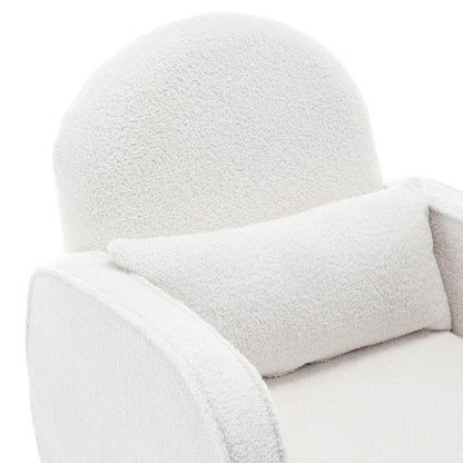 Aura Bouclé Rocking Chair with Ottoman in Cream White features a soft bouclé fabric, rounded backrest, sloping armrests, and lumbar pillow, highlighting its elegant design and inviting comfort.