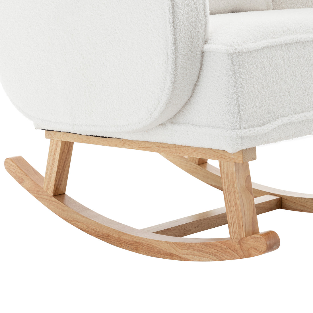 Aura Bouclé Rocking Chair with Ottoman in Cream White, showcasing its boucle-style fabric and natural-wood curved rockers, emphasizing elegance and comfort in a nursery or living room setting.
