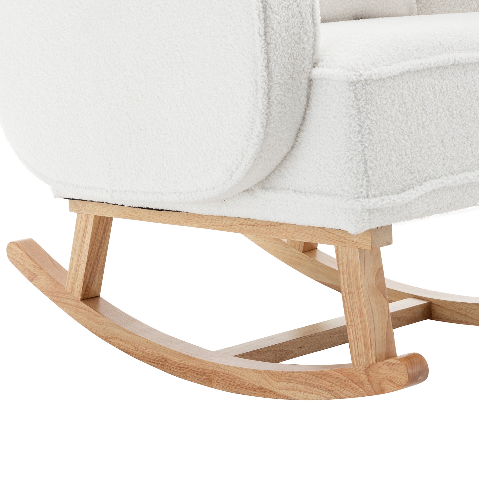 Aura Bouclé Rocking Chair with Ottoman in Cream White, showcasing its boucle-style fabric and natural-wood curved rockers, emphasizing elegance and comfort in a nursery or living room setting.