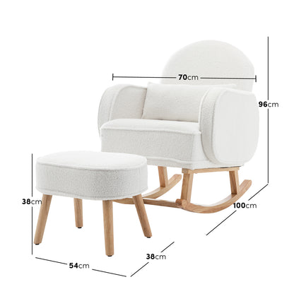 Aura Bouclé Rocking Chair with Ottoman in Cream White featuring boucle-style upholstery, natural wood legs, and dimension call-outs highlighting the chair's width, height, and depth alongside the ottoman's measurements.