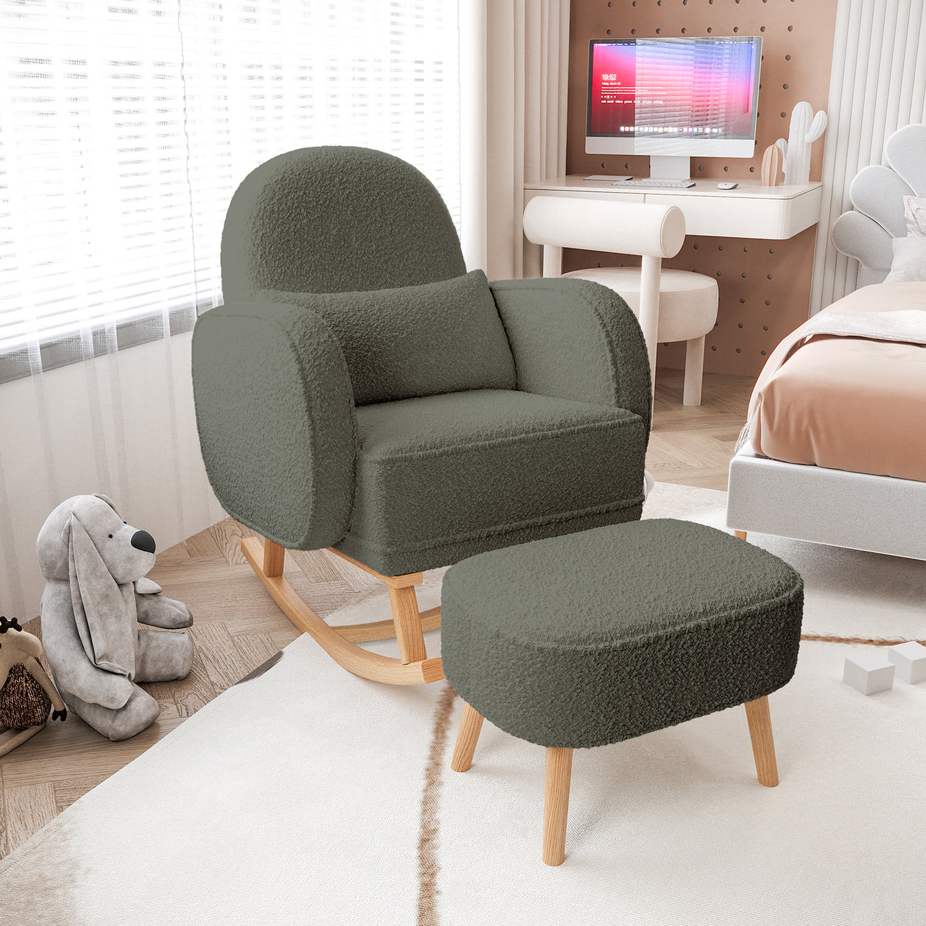 Aura Boucle Rocking Chair with Ottoman in Green Luxo Living — free download