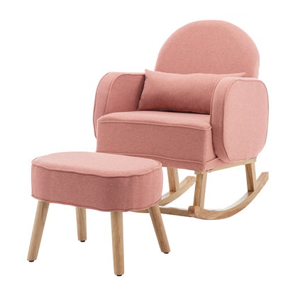 Aura Linen Rocking Chair with Ottoman in Light Pink featuring a curved wooden rocker base, padded armrests, rounded backrest, lumbar cushion, and upholstered ottoman with wooden legs.