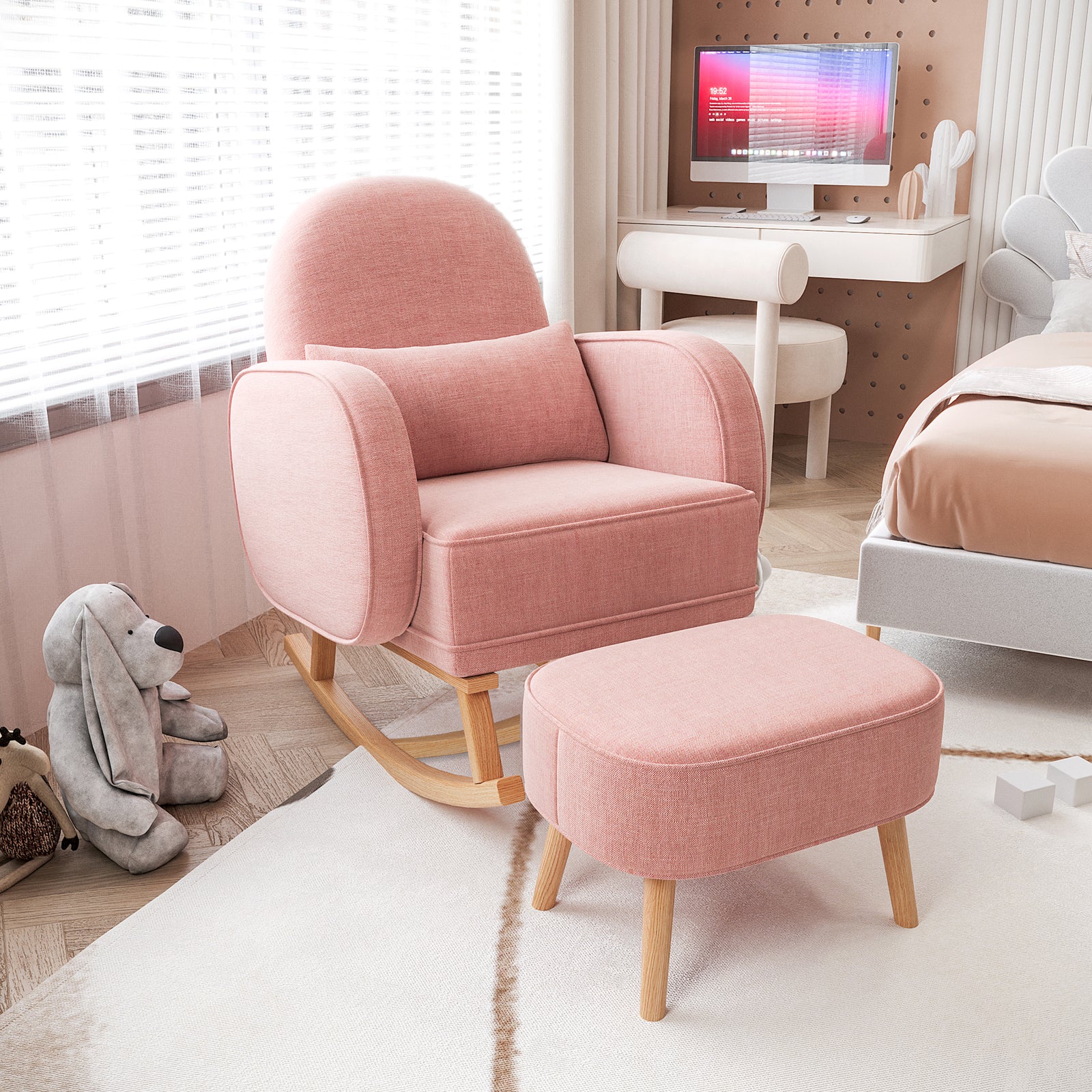 Aura Linen Rocking Chair with Ottoman in Light Pink features rounded arms and a lumbar pillow, complemented by a matching ottoman with wooden legs, creating a cozy corner in a softly decorated room.