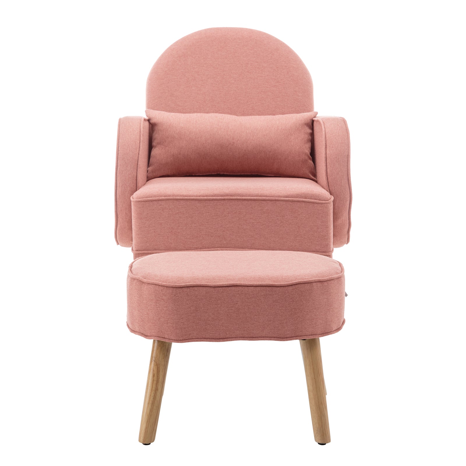 Aura Linen Rocking Chair with Ottoman in Light Pink, featuring a rose-pink upholstered seat, matching lumbar pillow, and coordinating ottoman, all supported by lightly stained wooden legs.