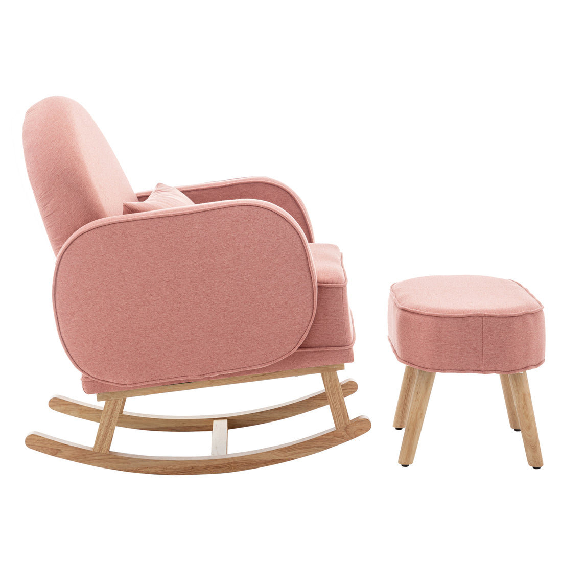 Aura Linen Rocking Chair with Ottoman in Light Pink, featuring muted rose-pink upholstery, light-finished wooden rockers and legs, offering a Scandinavian-inspired design with cushioned comfort and cohesive style.