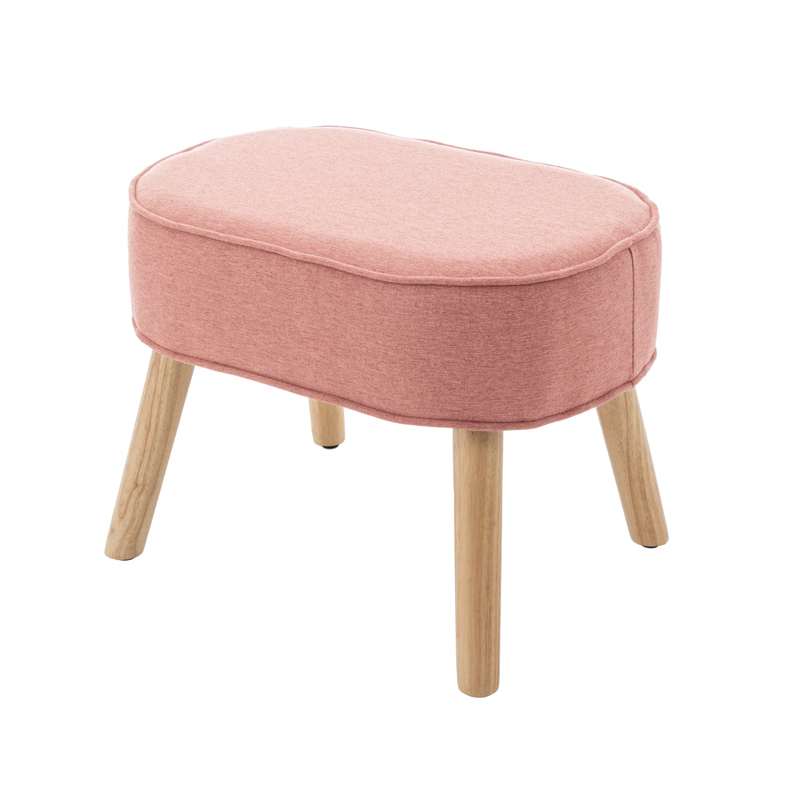 Aura Linen Rocking Chair with Ottoman in Light Pink, featuring an oval-shaped, rose-pink fabric cushion on four light-wood legs, offering a stylish and comfortable addition to any nursery.