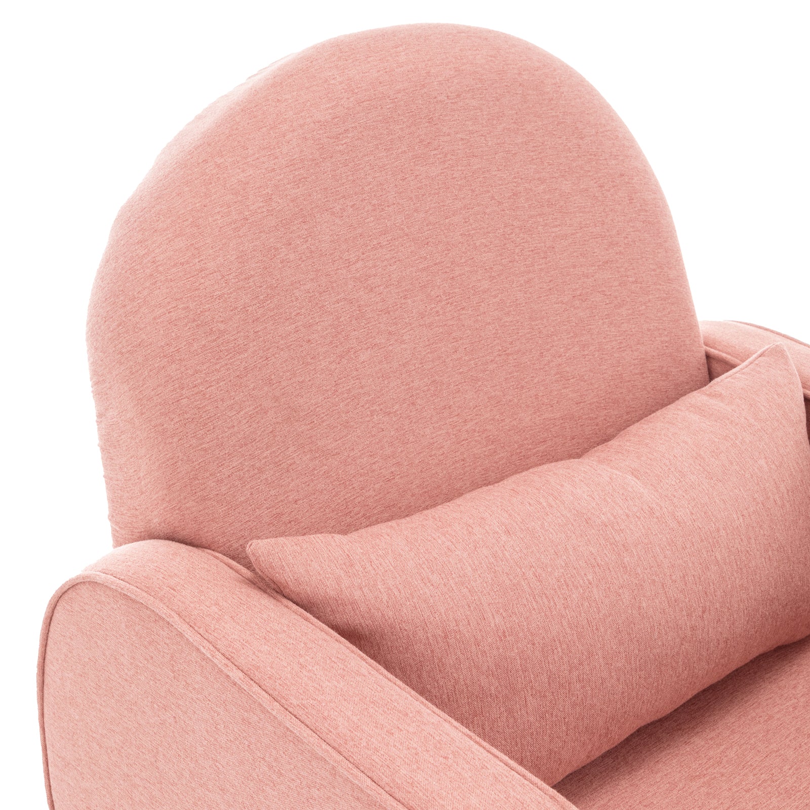 Close-up of Aura Linen Rocking Chair with Ottoman in Light Pink, highlighting the softly rounded backrest and matching lumbar cushion, showcasing the chair's inviting and comfortable design.