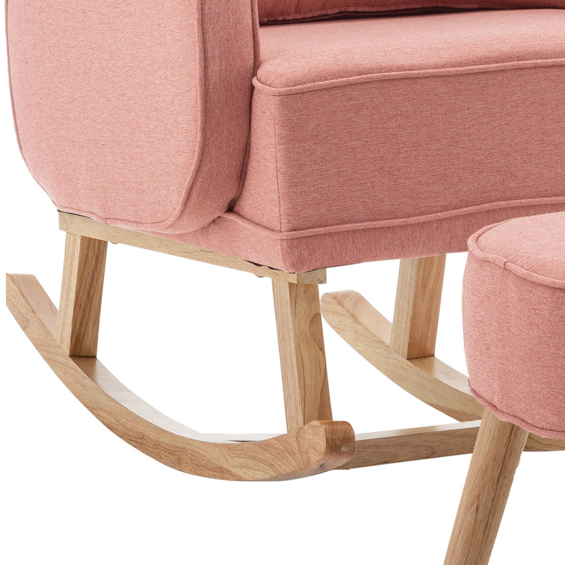 Close-up of the Aura Linen Rocking Chair with Ottoman in Light Pink, featuring natural-wood rocker rails, a cushioned seat, and a matching footstool, highlighting its elegant and sturdy design.